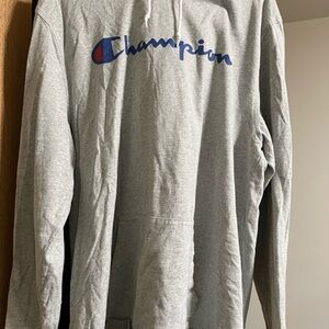 Champion Gray Pullover Hoodie with Blue Script Logo